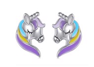 Børne øreringe; unicorn/enhjørning med farvet manke lilla/gul/blå
